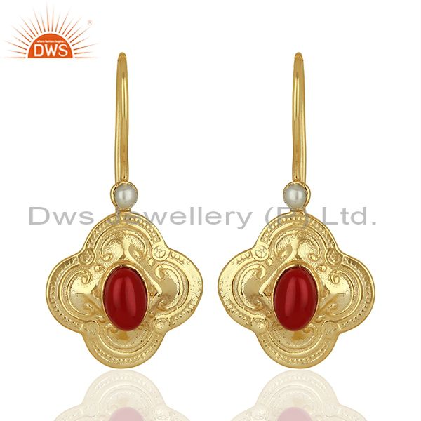 Coral Gemstone Gold Plated Silver Womens Earrings Jewelry Supplier