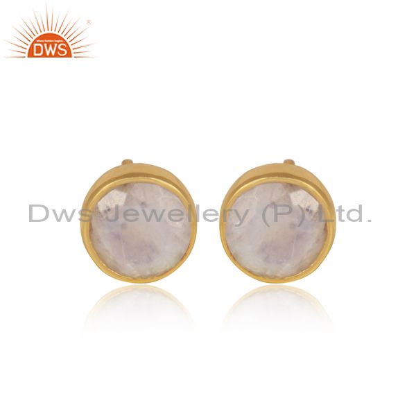 Rainbow Moonstone Gemstone Gold Plated Silver Stud Earring Manufacture