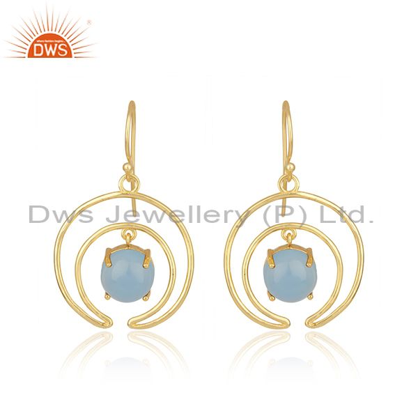 Crescent moon design gold plated 925 silver blue chalcedony earrings