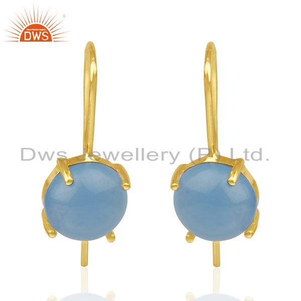Blue Chalcedony Gemstone 925 Silver Gold Plated Drop Earrings Wholesale