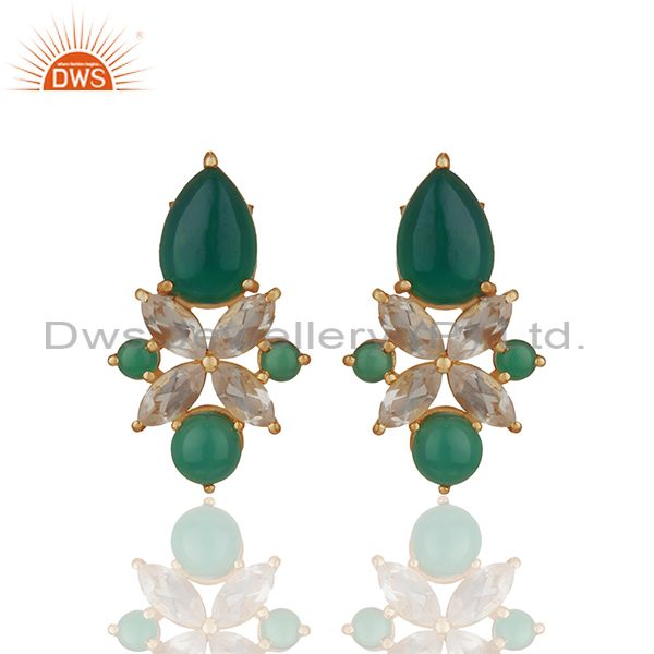 Green Onyx Gemstone 925 Silver Gold Plated Stud Earrings Jewelry