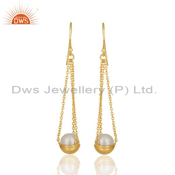 Natural Pearl Gold Plated Solid 925 Silver Chain Earrings Manufacturer