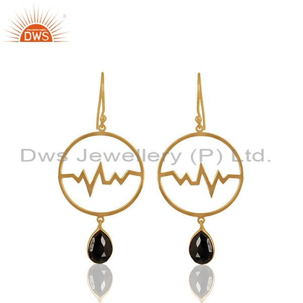 Hematite Studded Simple Heartbeat Gold Plated Designer Silver Earring