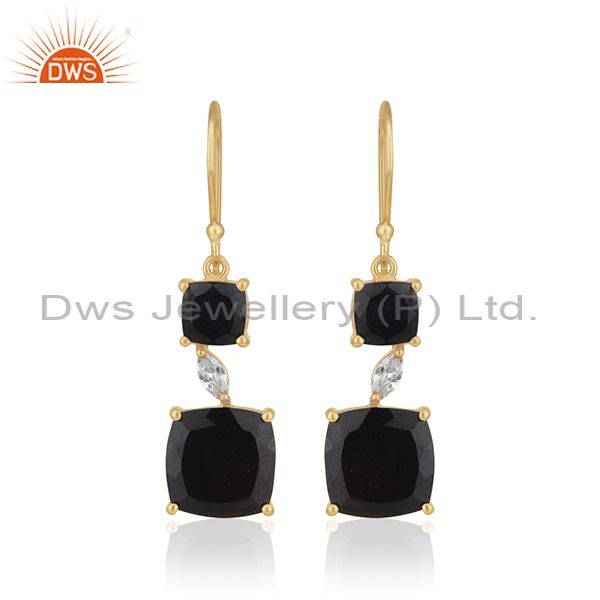 14k Gold Plated 925 Silver Black Onyx Gemstone Dangle Earrings Manufacturer