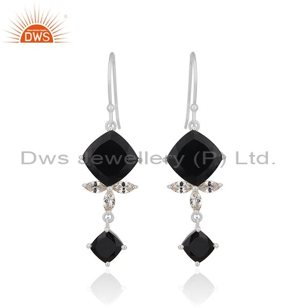 Black Onyx Gemstone 925 Fine Silver Black Onyx and Zircon Earrings Wholesale
