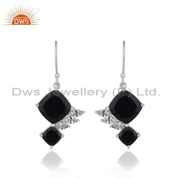 Black Onyx Gemstone With White Zircon 925 Silver Handmade Drop Earring Wholesale