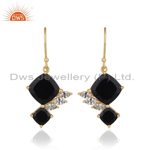White Zircon and Black Onyx Gemstone 925 Silver Gold Plated Earrings Supplier