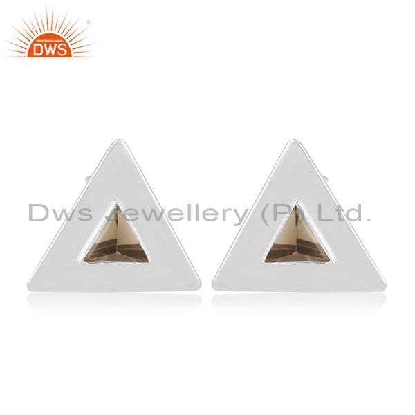 92.5 Sterling Silver Triangle Design Smoky Gemstone Stud Earring Manufacturer