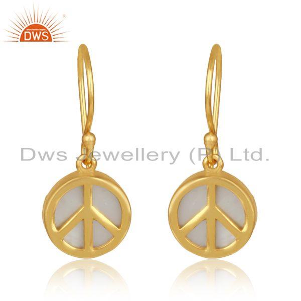 Gold on silver mother of pearl gemstone peace design earrings