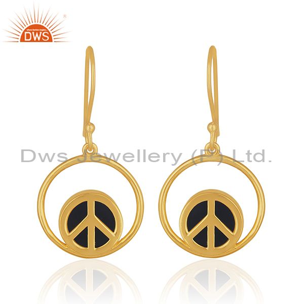 18k Gold Plated Handmade 925 Silver Designer Peace Sign Onyx Gemstone Earrings