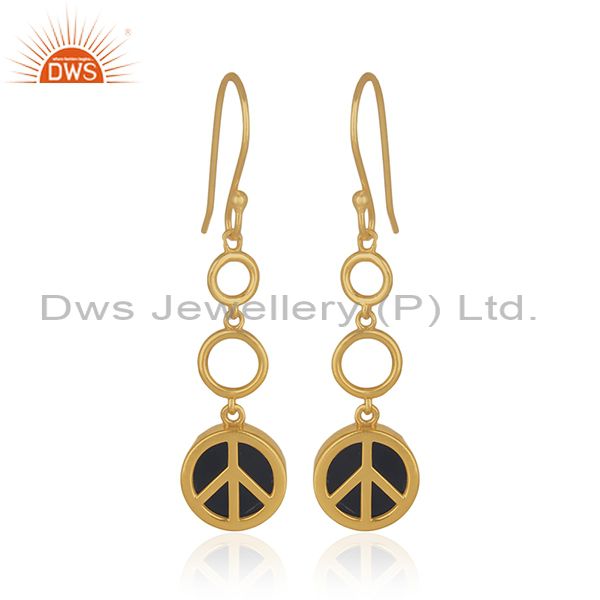 Gold Plated 925 Sterling Silver Black Gemstone Lucky Peace Charm Earrings