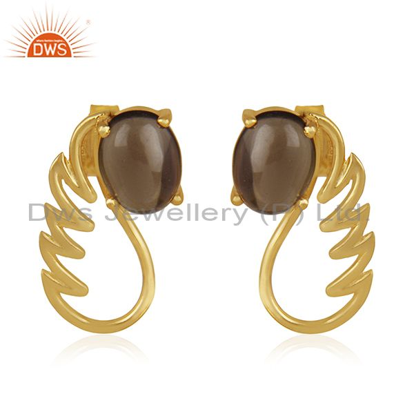 18k Gold Plated 925 Silver Smoky Quartz Gemstone Angel Wing Earring Wholesale