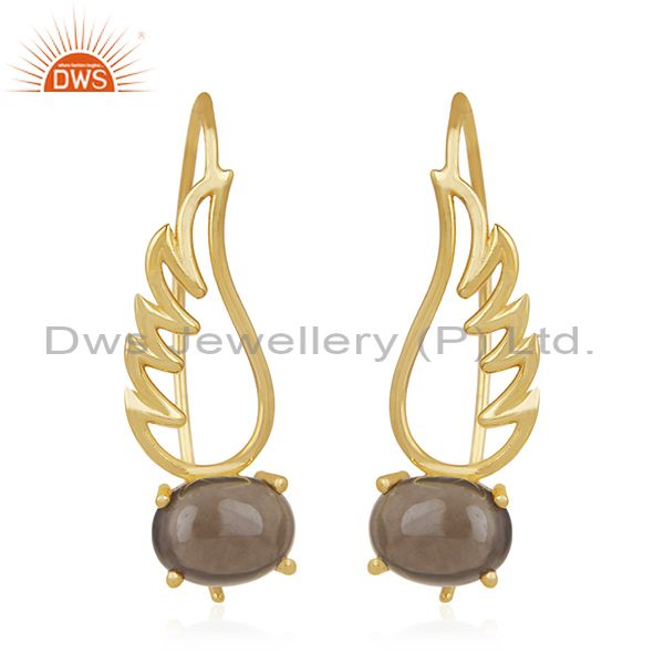 Angel Wing Gold Plated 925 Sterling Silver Smoky Gemstone Earring Wholesaler