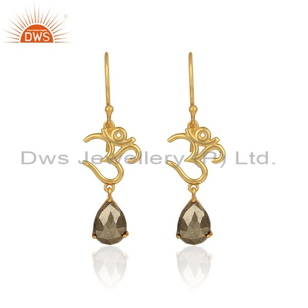 Om symbol earrings in yellow gold on 925 silver with shiny pyrite