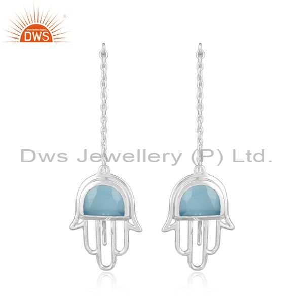 Designer hamsa hand silver long dangle with blue chalcedony