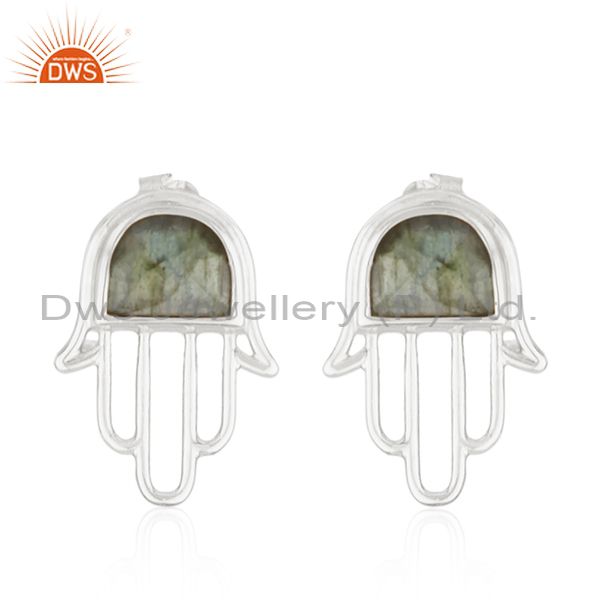 Labradorite Gemstone 925 Silver Hamsa Hand Charm Stud Earring Manufacturer India