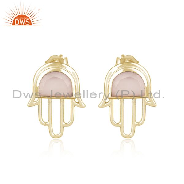 Designer hamsa hand gold on silver studs with rose chalcedony