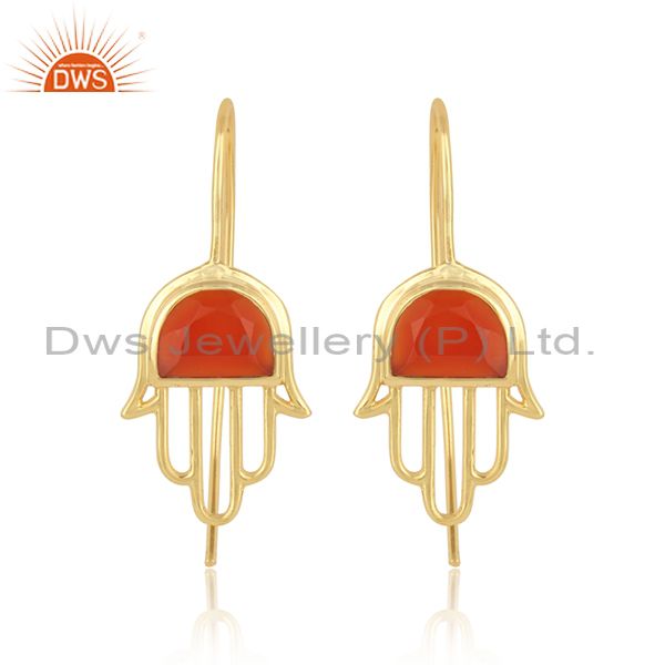 Handcrafted hamsa yellow gold on silver 925 earring with red onyx