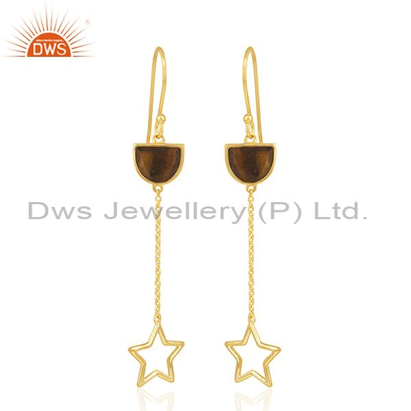 Tiger Eye Gemstone Gold Plated 925 Silver Star Charm Dangle Earring Manufacturer