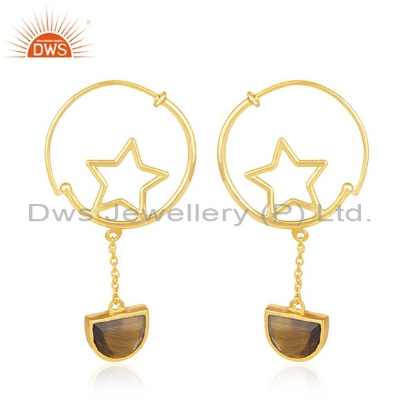 925 Silver Gold Plated Tiger Eye Gemstone Star Charm Hoop Earring Manufacturers