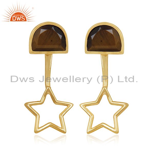 Yellow Gold Plated 925 Silver Tiger Eye Gemstone Star Design Earring Wholesale