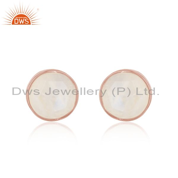 Handcrafted elegant rainbow moonstone studs in rose gold on silver