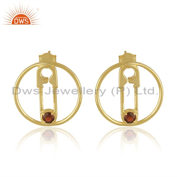 Natural Garnet Gemstone Pin Design Gold Plated 925 Silver Earring Jewellery