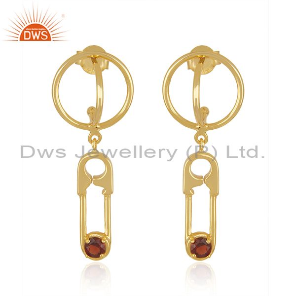 Garnet Gemstone Gold Plated 925 Silver Pin Design Earring Manufacturer in Jaipur