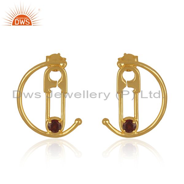 Garnet Gemstone Gold Plated 925 Silver Pin Design Customized Earring Supplier