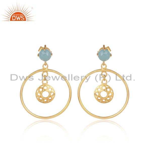Blue chalcedony set gold on 925 silver round ethnic earrings