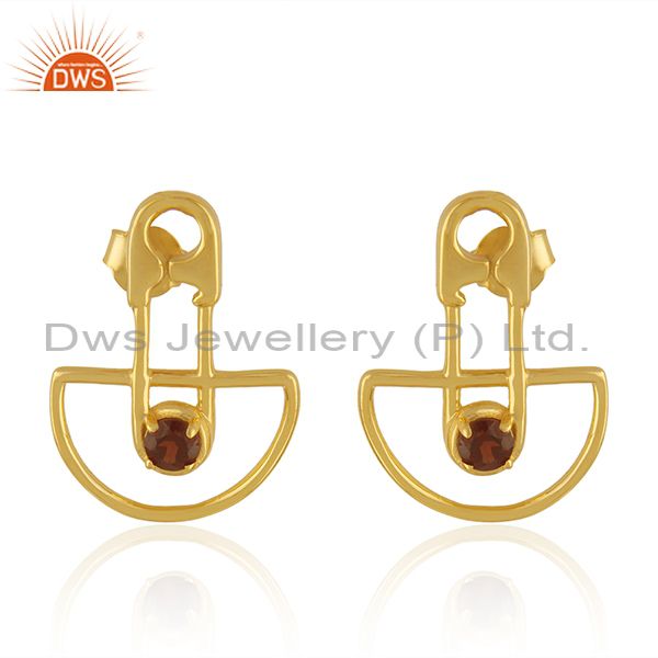 Yellow Gold Plated Customized Design 925 Silver Garnet Stone Stud Earring
