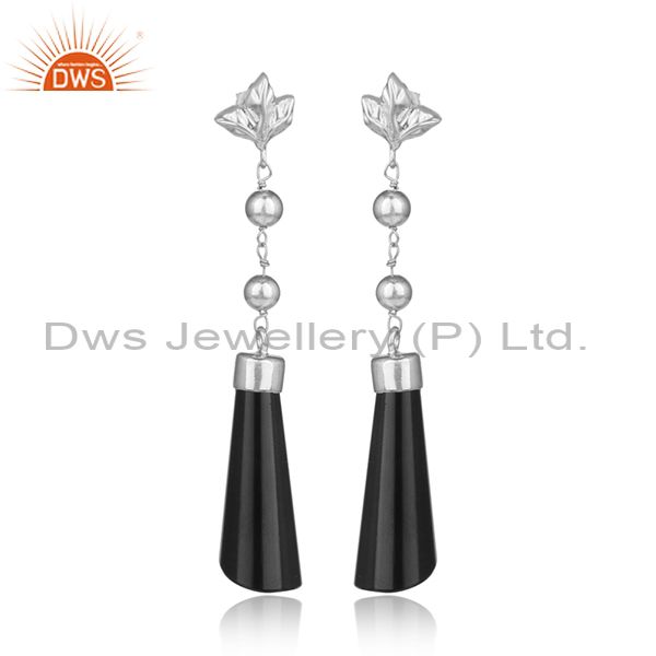 Designer silver longing earring with black onyx and white rhodium