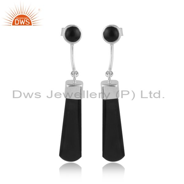 Black onyx gemstone designer white rhodium plated silver earrings