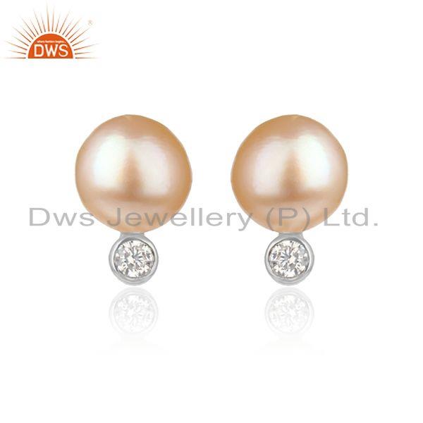 Cz pink pearl gemstone white rhodium plated silver girls earrings
