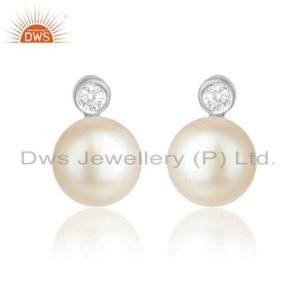 Cz natural pearl white rhodium plated silver designer earring