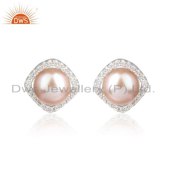 Cz pink pearl gemstone white rhodium plated womens silver earring