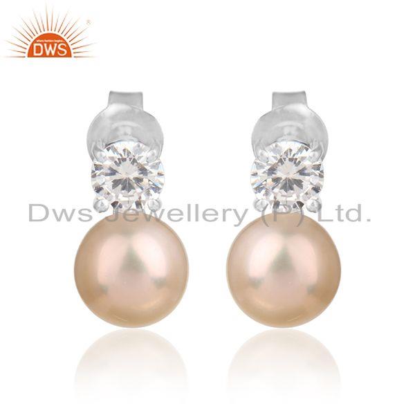 Zircon pink pearl gemstone white rhodium plated silver earrings