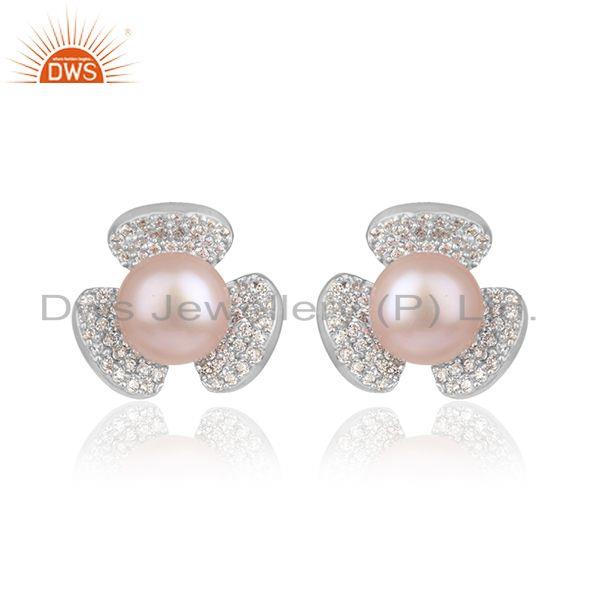 Flower white rhodium plated silver cz pink pearl gemstone earring