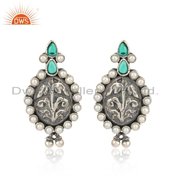 Hydro Green And Pearl Handmade Traditional Oxidized Earrings
