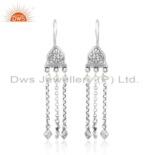 Pearl Beads Set Oxidized Sterling Silver Long Ethnic Earring