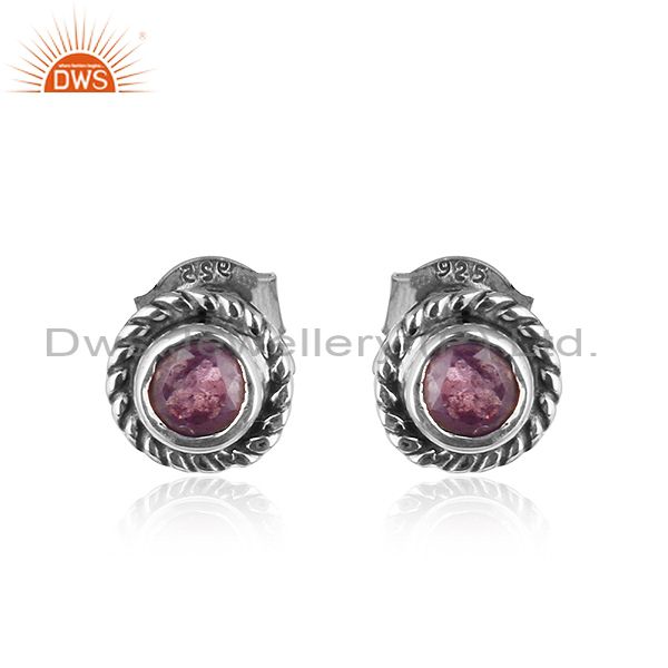 Round Oxidized 925 Silver Natural Amethyst Gemstone Stud Earrings