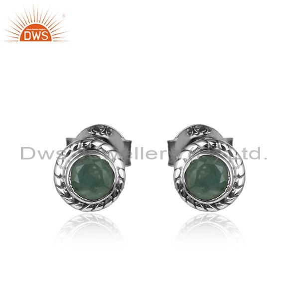 Natural emerald gemstone oxidized silver womens tiny earrings