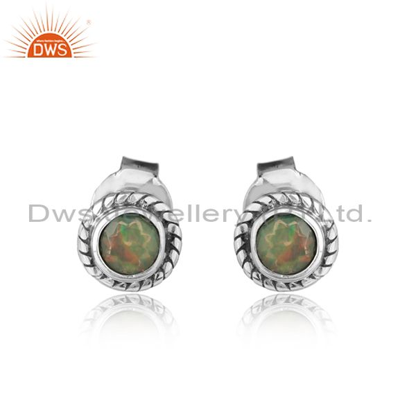 Round ethiopian opal gemstone oxidized 925 silver tiny stud earrings