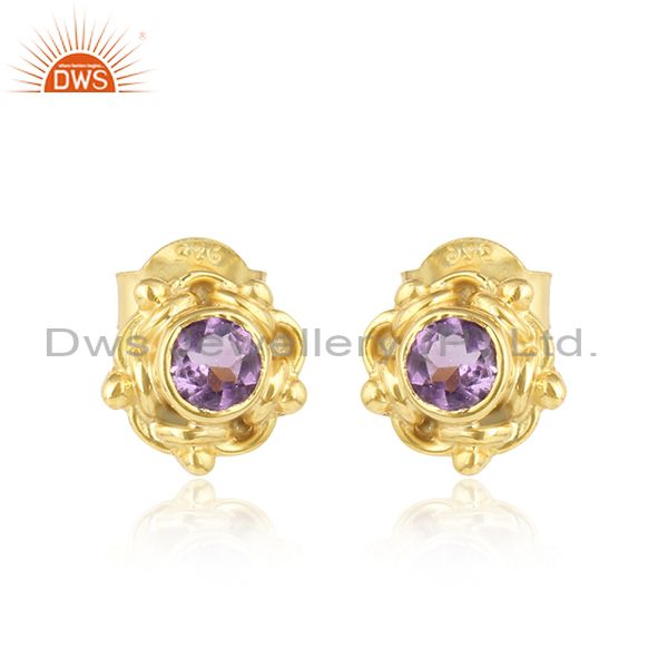 Round yellow gold plated silver amethyst gemstone stud earrings