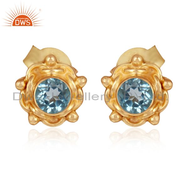 Round gold plated silver blue topaz gemstone stud earring jewelry