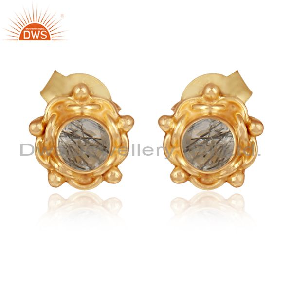 Black rutile gemstone designer gold plated silver stud earrings