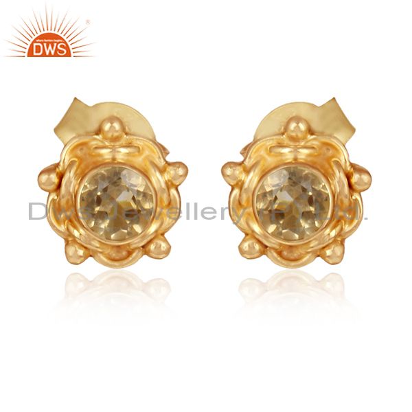 Designer gold plated 925 silver citrine gemstone stud earrings