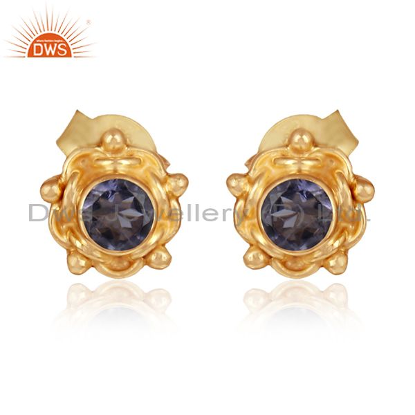 Iolite gemstone designer gold plated silver earrings jewelry