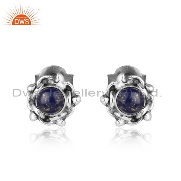 Lapis lazuli gemstone tiny streling silver oxidized stud earrings