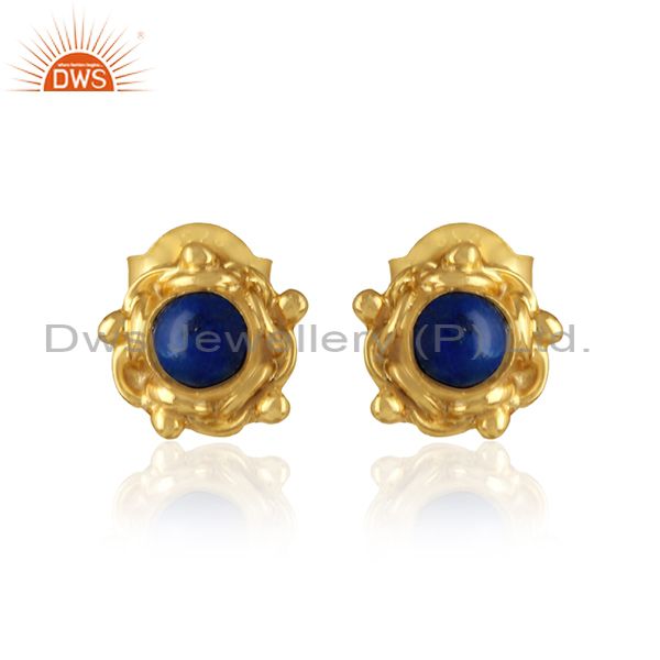 Handmade designer earring in yellow gold on silver with lapis